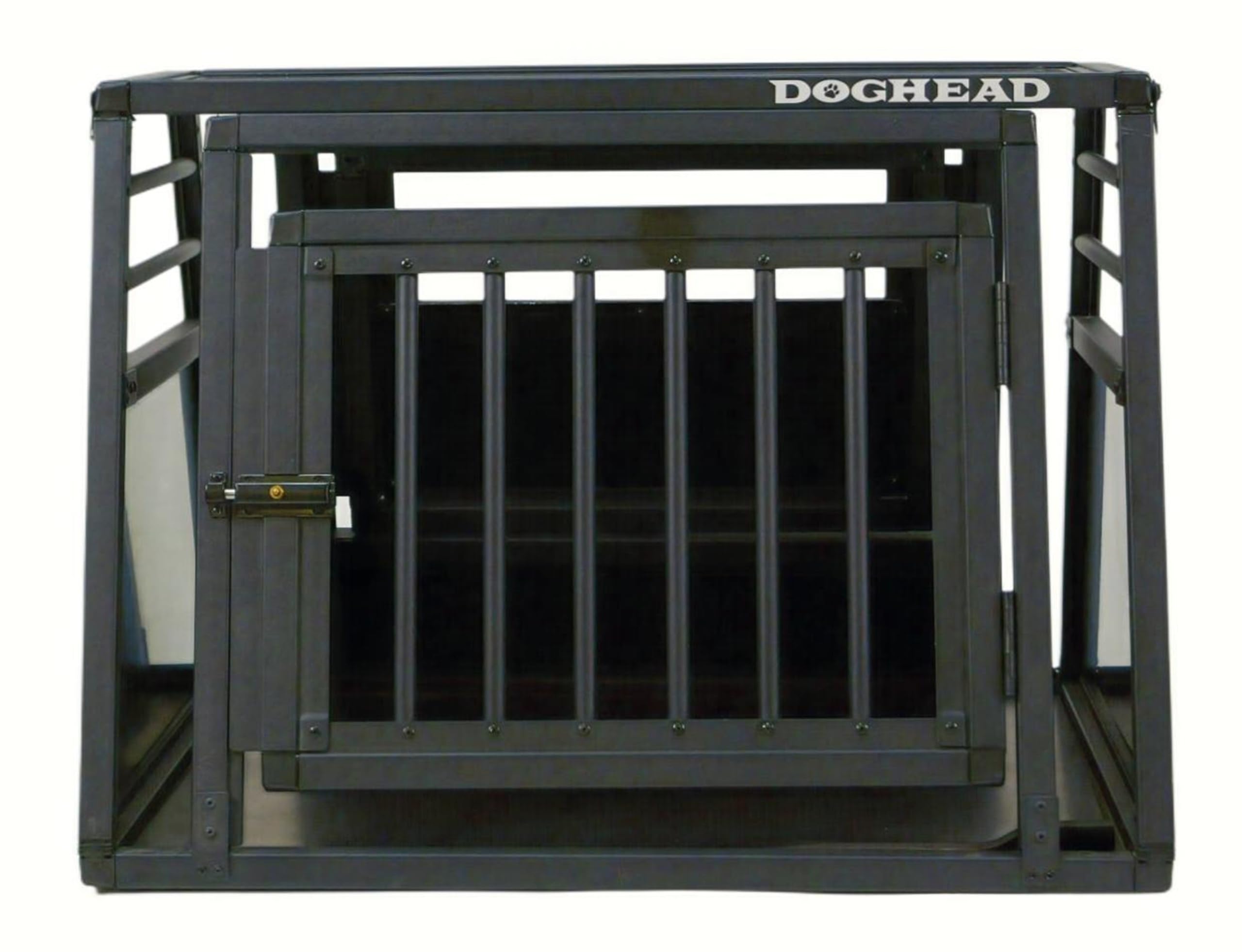 DOGHEAD Hundetransportbox Proline, Single 75x65x55 cm, Schwarz, Aluminium, Beidseitig Abgeschrägt 75°, mit Notausstieg