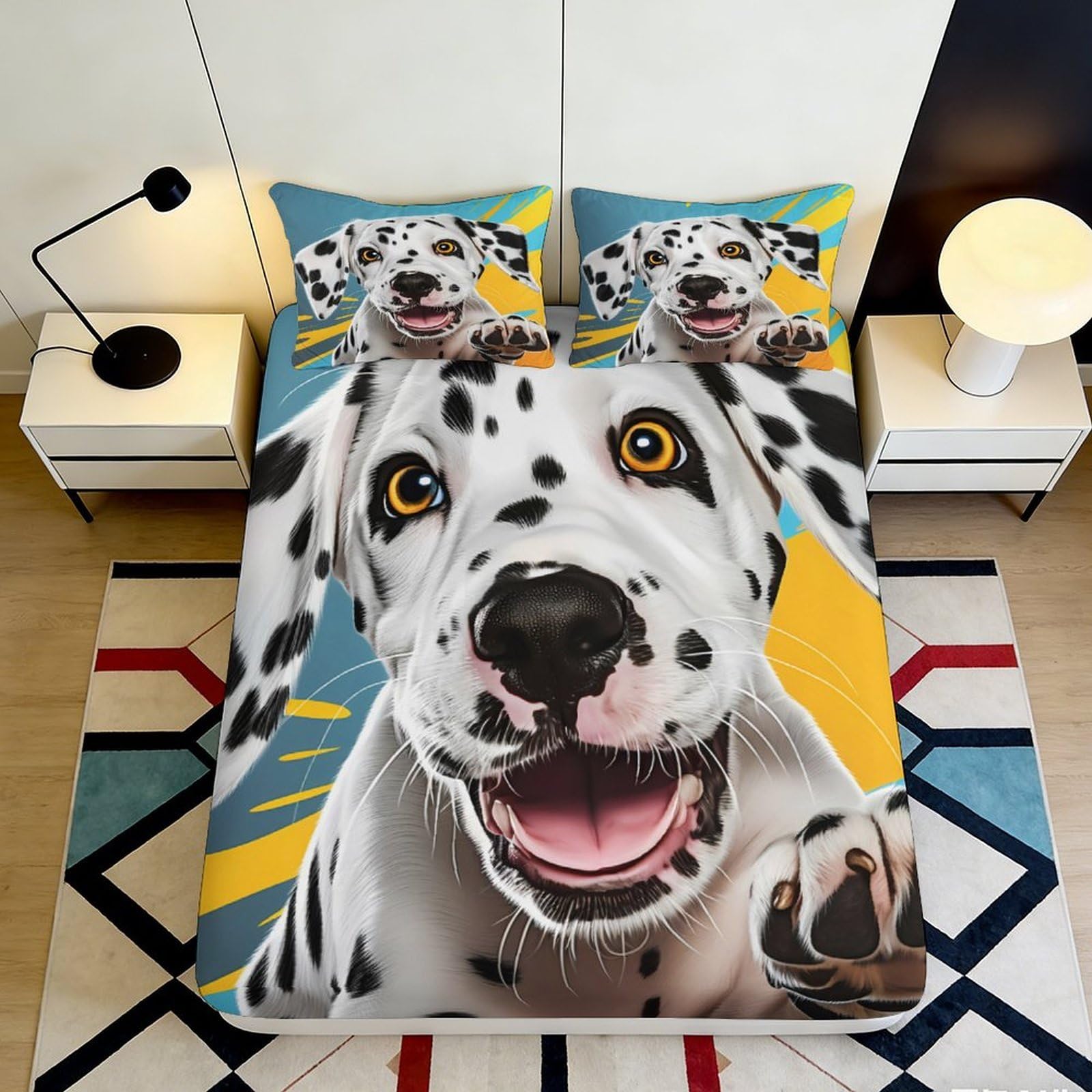 3D Printed Dalmatian Dog Fitted Sheet Microfiber Soft Cartoon Animal Mattress Cover for Bedroom Guest Room Decor 90x200x25cm