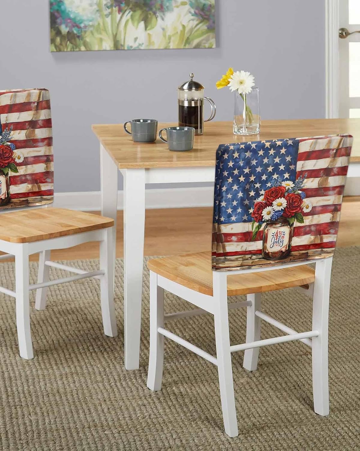 4th of July Chair Covers - 4 Pcs Dining Room Chair Back Covers, Independence Day Floral American Flag Chairs Slipcovers Removable Chairs Protectors Cover for Kitchen/Banquet/Party 19"x20"