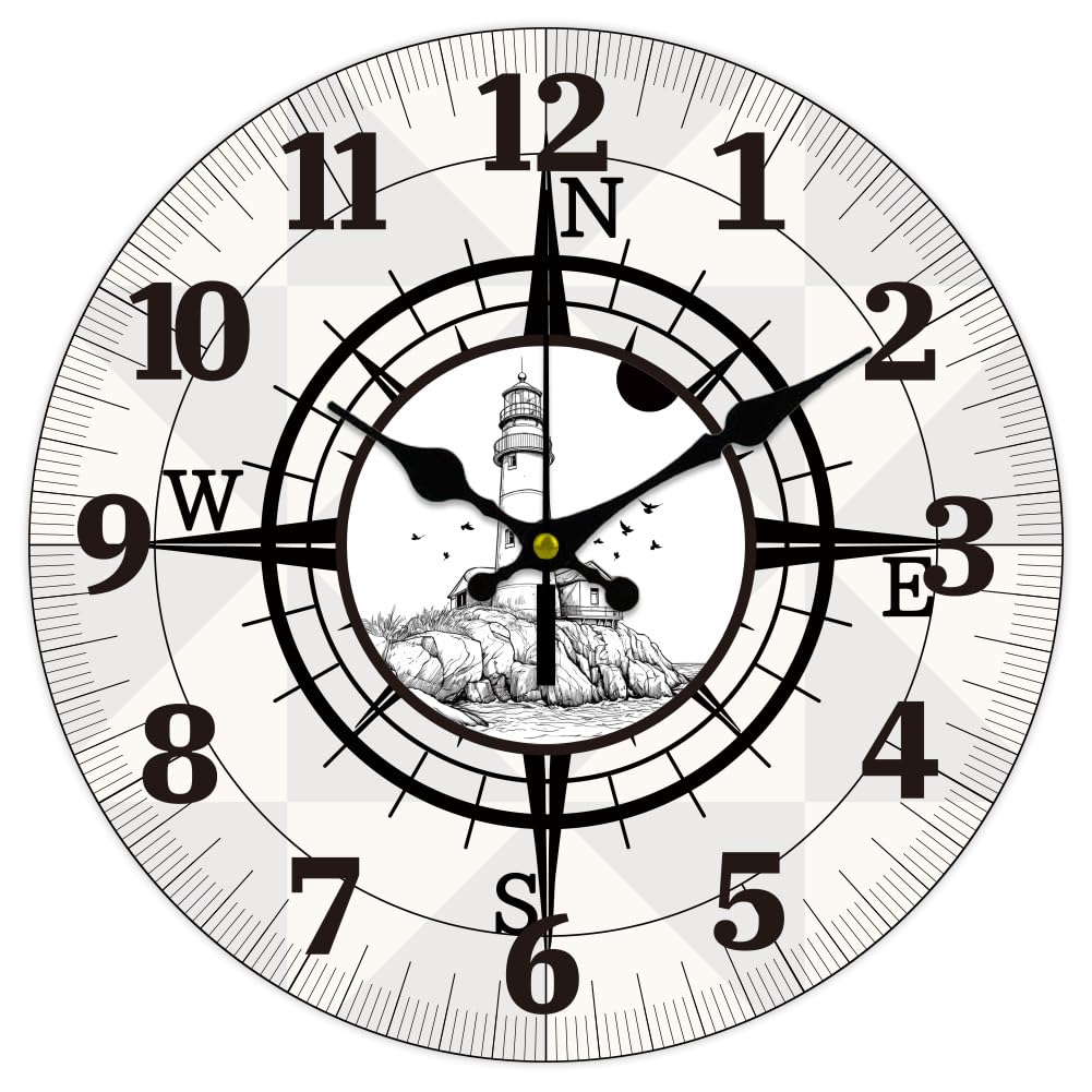 CHGCRAFT 12 Pollici Orologio da Parete con Faro sul Mare Modello di Bussola a Batteria Orologio Decorativo Rotondo Silenzioso e Non Ticchettante per l'ufficio, la Casa e la Cucina