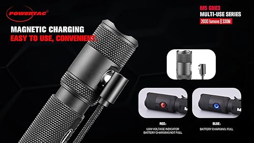 Vista 2 de PowerTac M5-G3 - Linterna táctica recargable de 2030 lúmenes, alcance de 330 m con carga magnética e interruptor dual, linterna LED para emergencias