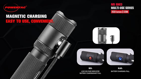 PowerTac M5-G3 Tactical Flashlight with Replacement Charging Cable Bundle