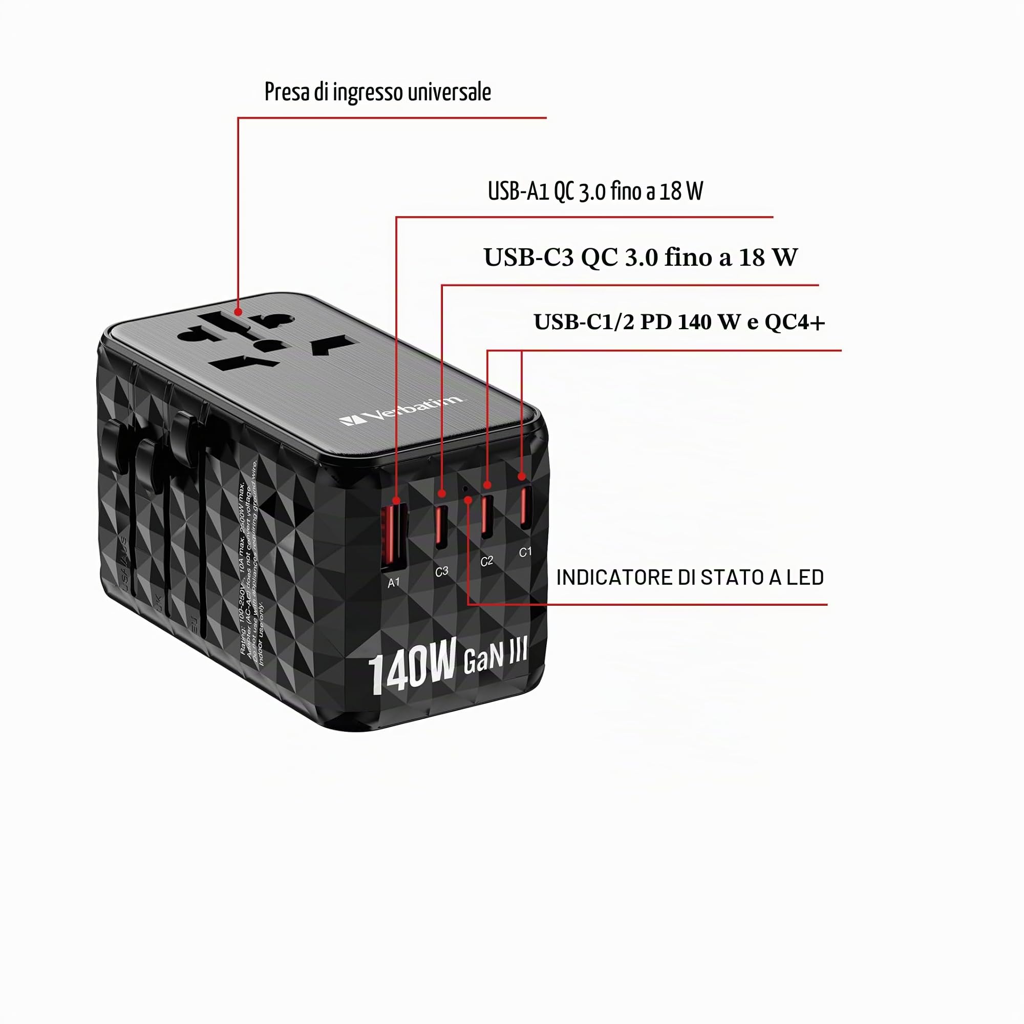 Verbatim UtA-10 - Alimentatore - Gan Iii, Universale - 140 Watt - 10 A - Power Delivery 3.1, Pd/pps, Qc 3.0, Qc 4+, Apple Fast Charge, Bc 1.2, Fast C | Adattatore per presa GaN con USB-C, USB-A e sistemi di spina in tutto il mondo per viaggi e ricarica mo