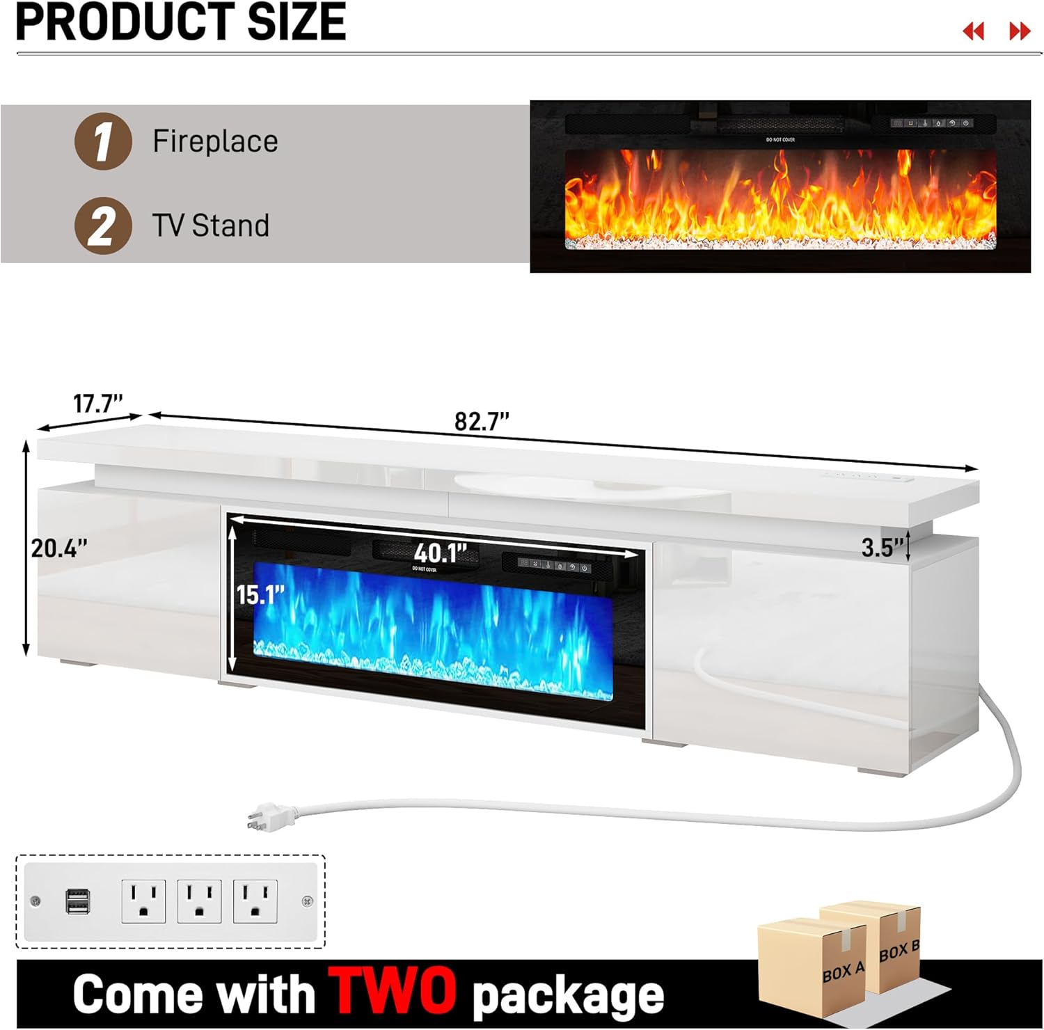 St.Mandyu Fireplace TV Stand for 95" TV, 83" LED TV Stand with 40" Electric Fireplace & Power Outlet, High Gloss Surface, 2 Storage Cabinet, Modern Style (83 Inch, White)