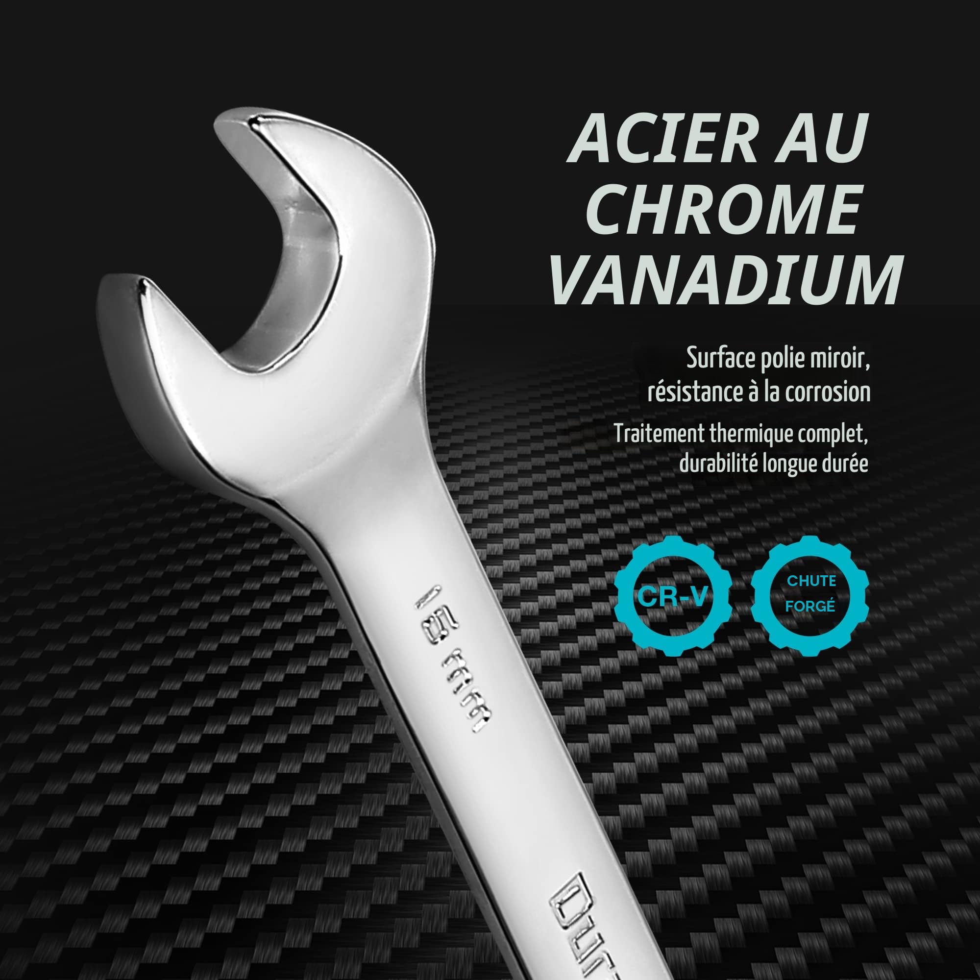 DURATECH Jeu de Clés à Cliquet Articulées 8-19 mm, Mixtes à Cliquet Tete Flexible 12 pièces, Lot de Clé Plate à Cliquet, en Acier au Chrome Vanadium avec Pochette Enroulable