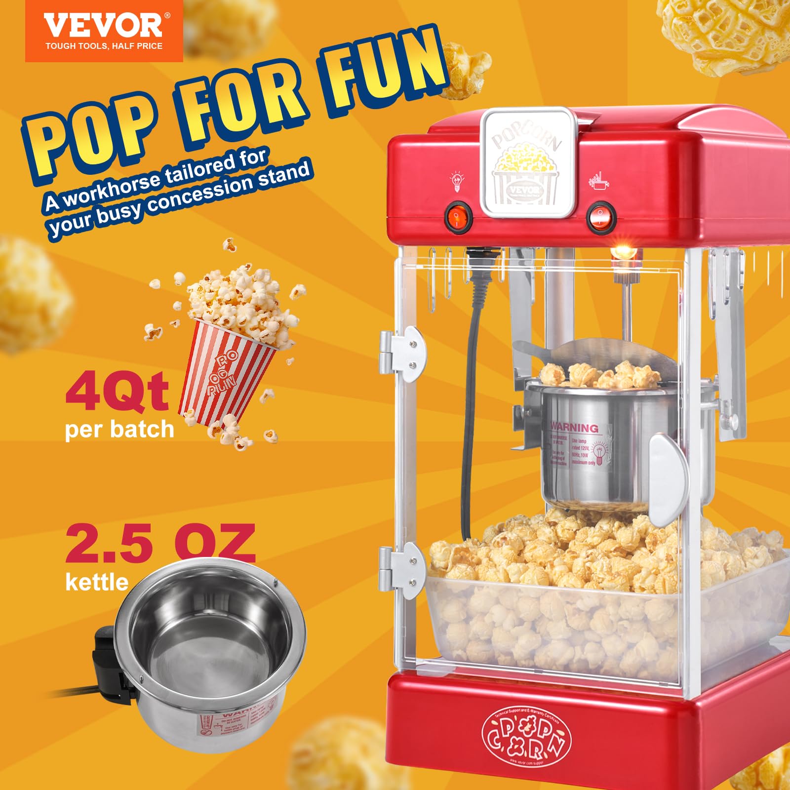 VEVOR Maszyna do popcornu, maszyna do popcornu 300 W, waga 3,25 kg, czajnik 0,07 kg, 3,78 kg na partię, stołowa maszyna do popcornu z drzwiami, w zestawie 2 łyżki tacy, styl teatralny, czerwony