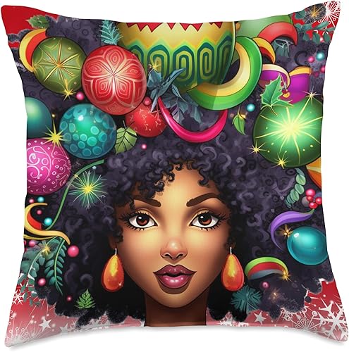 Melanin Christmas Queen Xmas Black Girl Magic Ornament Throw Pillow, 18x18, Multicolor