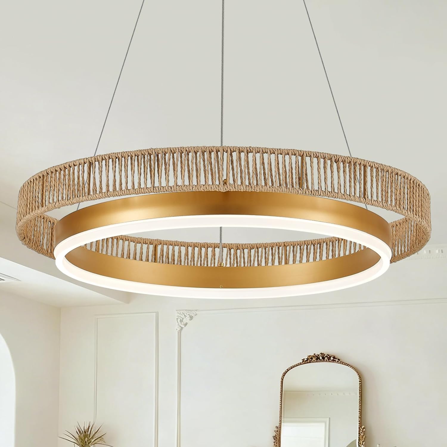 LED Ring Chandelier 24’’ Dimmable Modern Gold Chandeliers Wicker Woven Round Foyer Chandelier Light with Remote Farmhouse Circular Pendant Light for Dining Room Foyer Entryway Bedroom, Brown & Gold