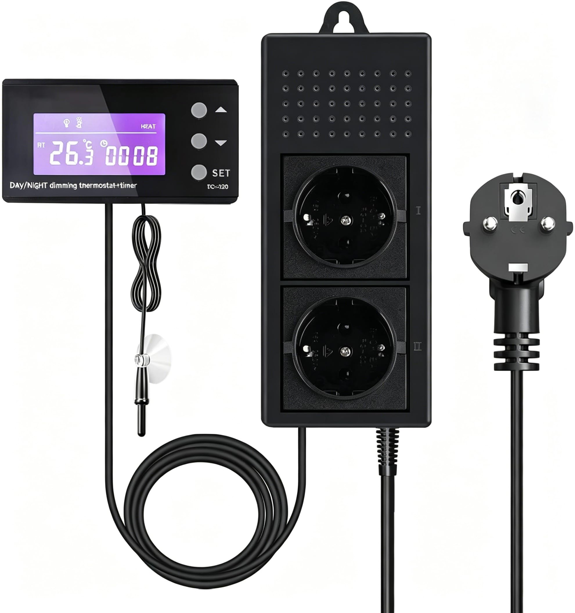 PID termostat do terrarium, dla gadów, ogrzewanie w dzień i w nocy, z programatorem czasowym, cyfrowy termostat ściemniania, regulator temperatury, gniazdko elektryczne z czujnikiem NTC, 220 V