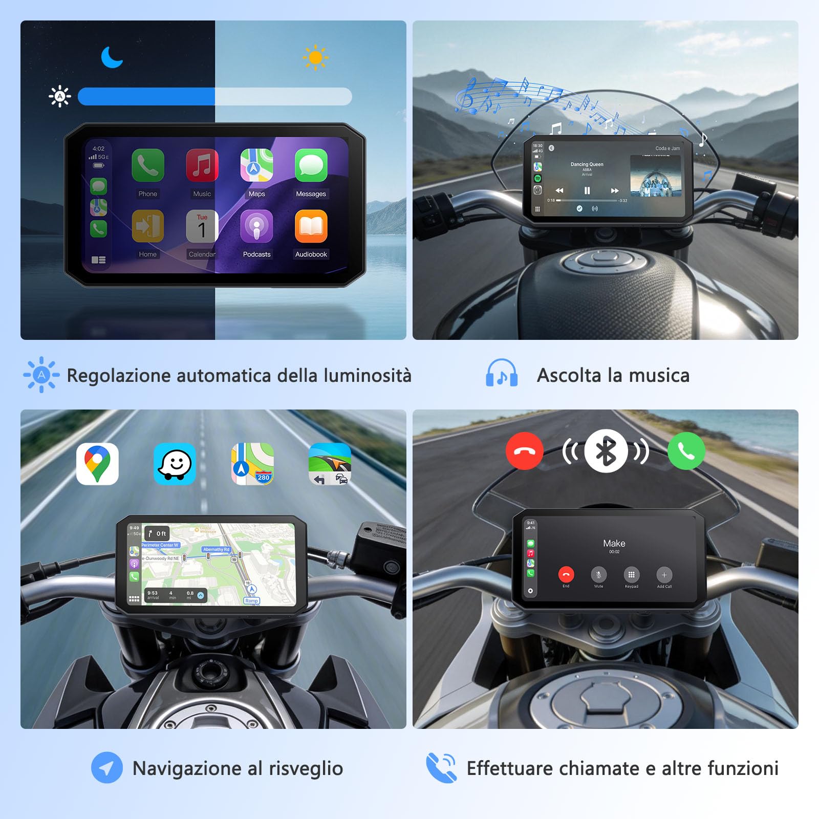 W55 5,5" CarPlay Moto con Android Auto, Navigazione GPS e TPMS