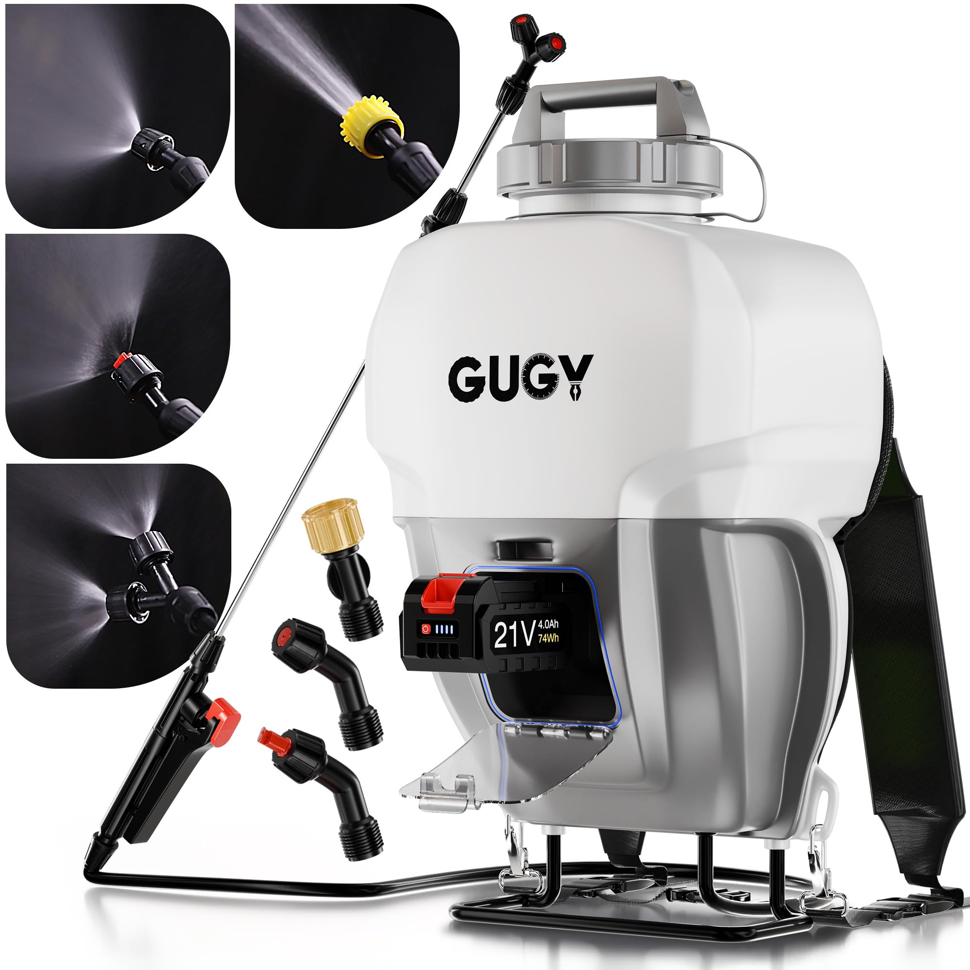 Backpack Sprayer 4 Gallon - Battery Powered Operated Electric Back Pack Sprayers for Garden Lawn Yard Weeding, 65 PSI 4 Nozzles, 22"-37.8" Stainless Steel Wand, 4.75Ft Hose, 5.9" Wide Mouth Lid