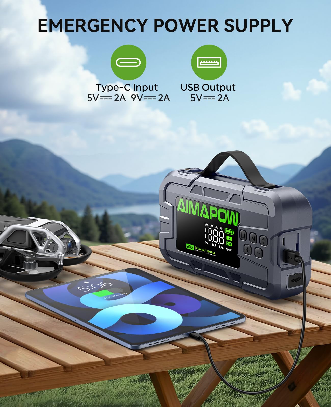 Arrancador de batería de coche con compresor de aire, 8000 A, 160 PSI | Todos los gases/12L Diesel, 12V portátil, carga rápida, luz LED de 270°