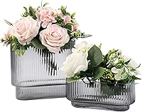 Vista 53 de Jarrones de vidrio acanalado, juego de 2 jarrones estriados para flores, florero de vidrio ámbar para tulipanes, jarrón moderno para sala de estar