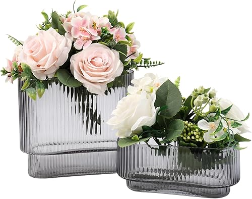 Miniatura 34 de Jarrón redondo de cristal, floreros para ramo, jarrones de vidrio acanalado para flores, pequeño jarrón transparente para sala de estar, oficina,