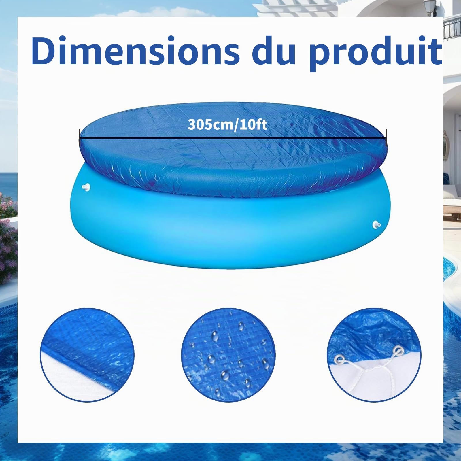 Bâche de piscine ronde de 3 m - Facile à installer - Anti-poussière - Pour piscines gonflables et hors sol (305 cm)