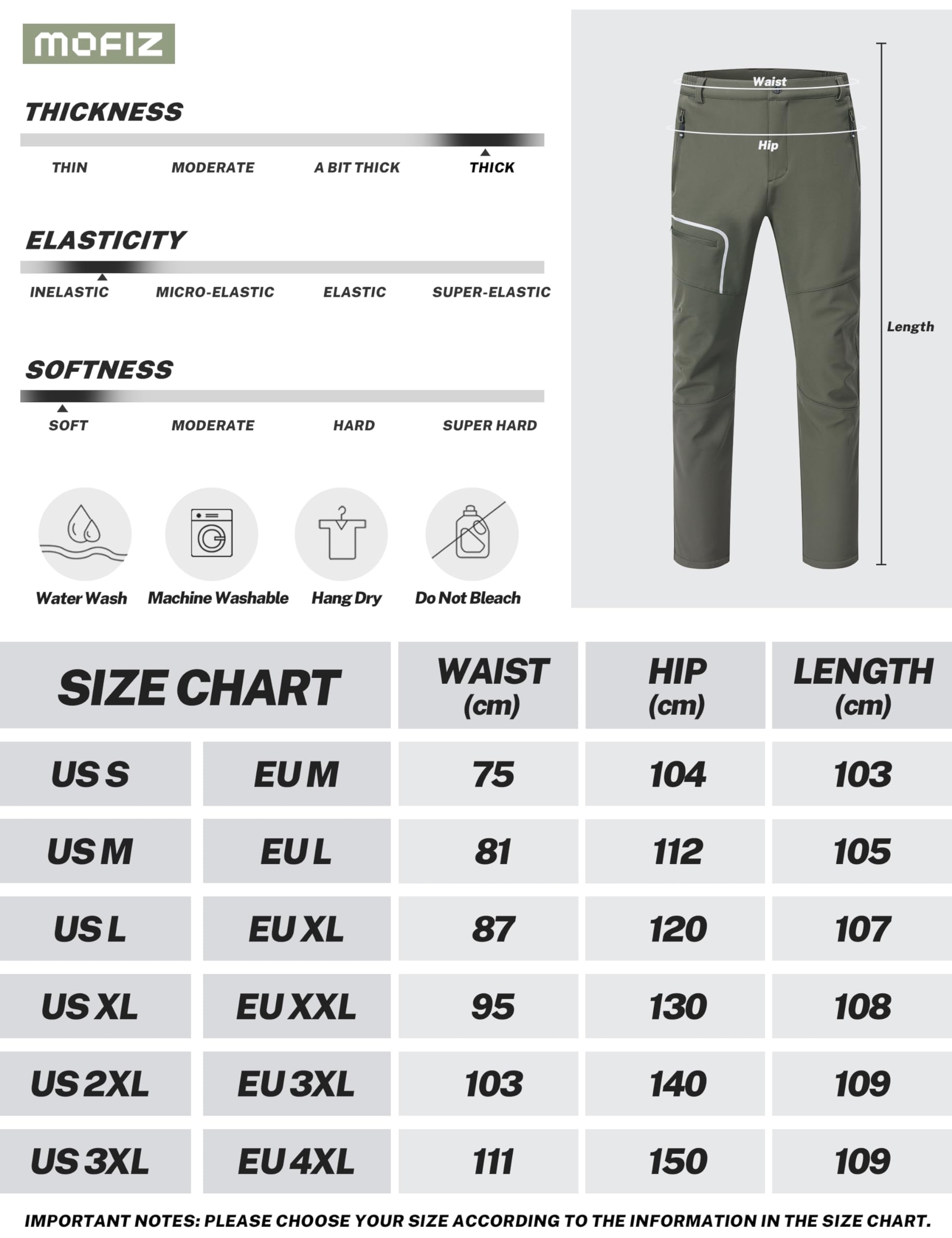 MoFiz Pantalon Randonnée Homme Softshell Chaud Pantalon de Ski Chasse Doublé Polaire Imperméable Hiver Pantalon de Travail avec Poches Zippées