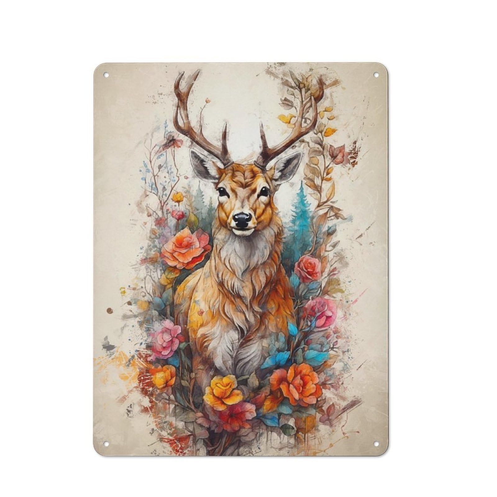 Junmoney The Deer In The Flowers Vintage Metal Sign 40X30cm For Guest Room Or Hallway, Suited To Guest Room Decorators