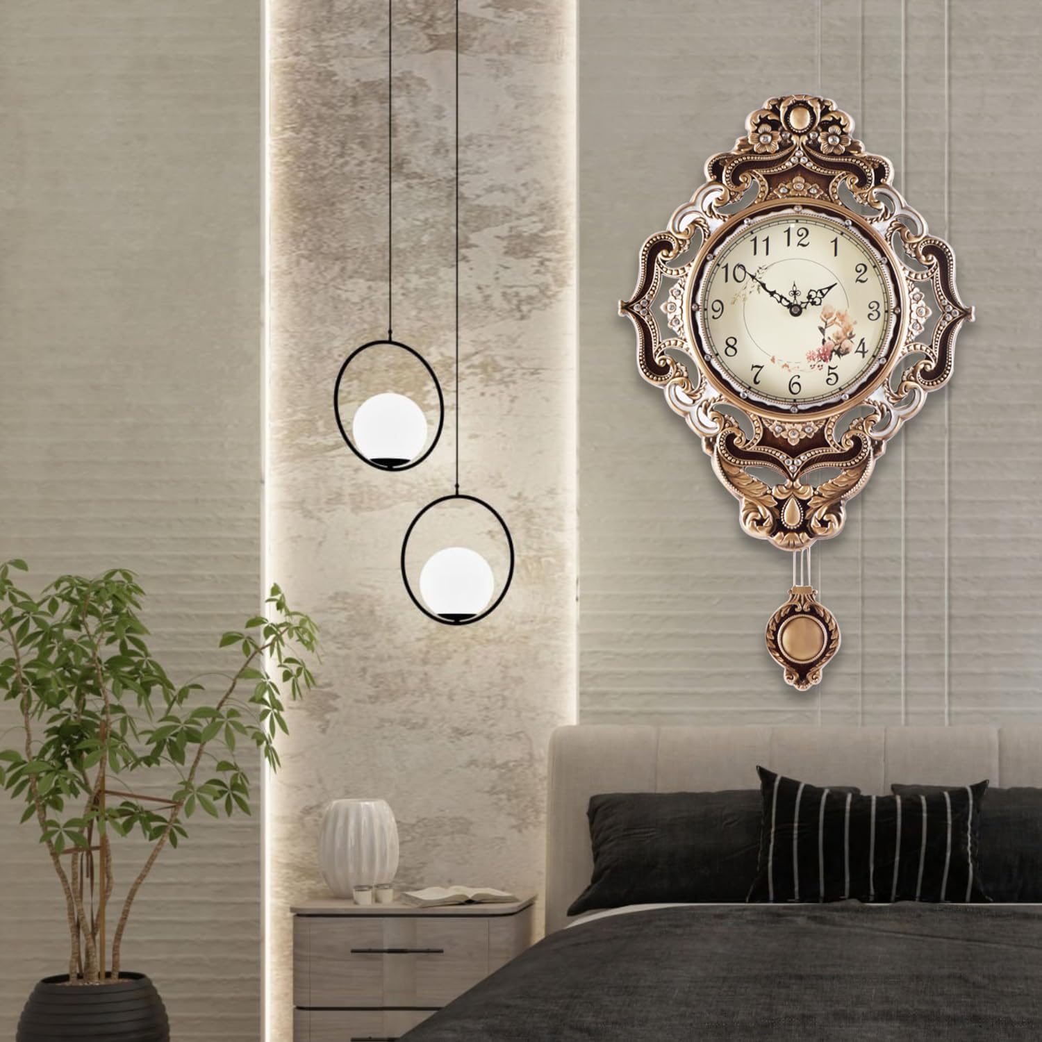 Aero Snail Retro Wall Clock with Pendulum, European Victoria Mid Century Style, Battery Operated Large Metal Silent Clock for Living Bedroom Wall Vintage Decor - Brown