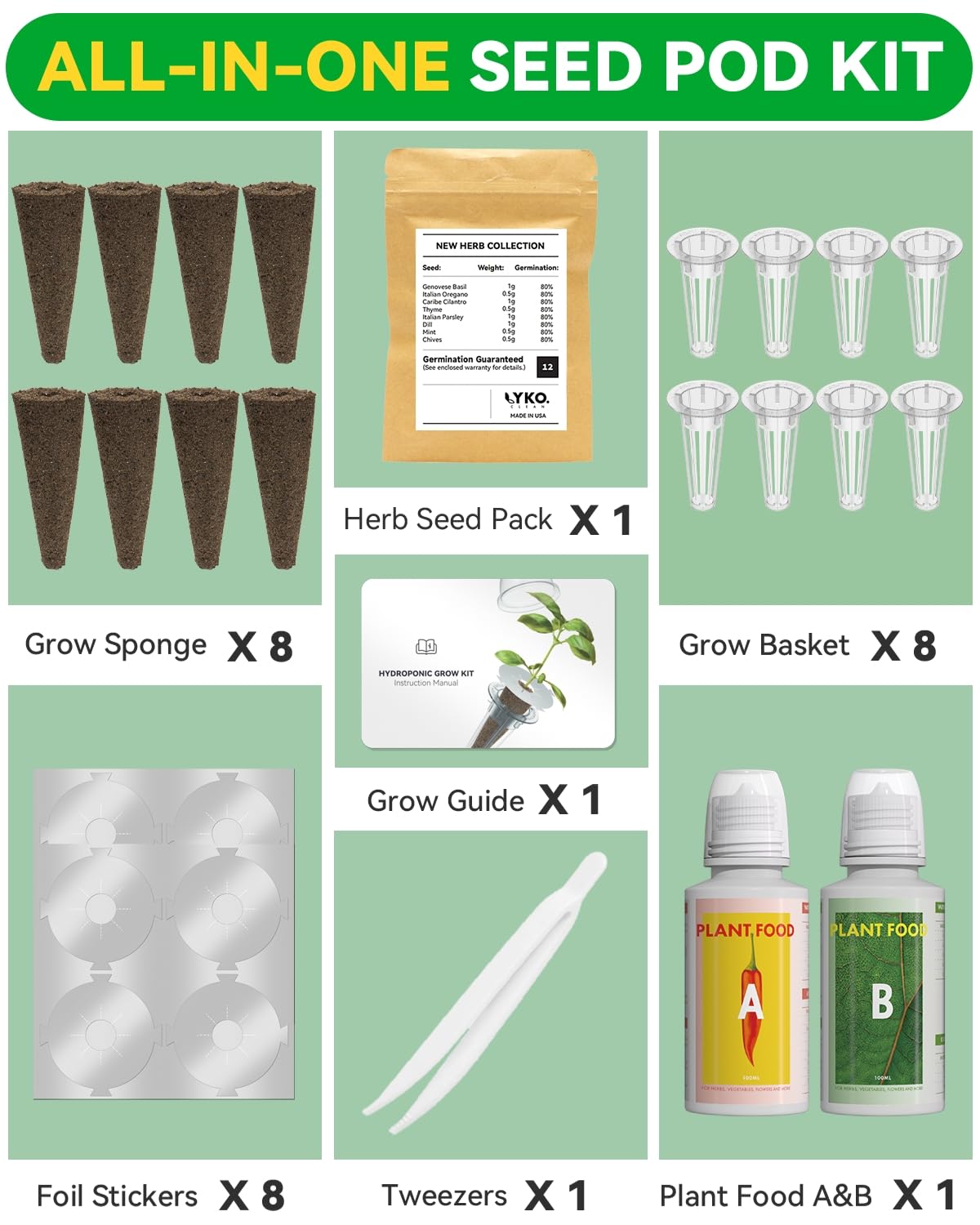 LYKOCLEAN Kit de capsules de graines d'herbes compatible avec le système de culture hydroponique AeroGarden, approvisionnement complet de jardinage d'intérieur (herbes, 8 gouttes)