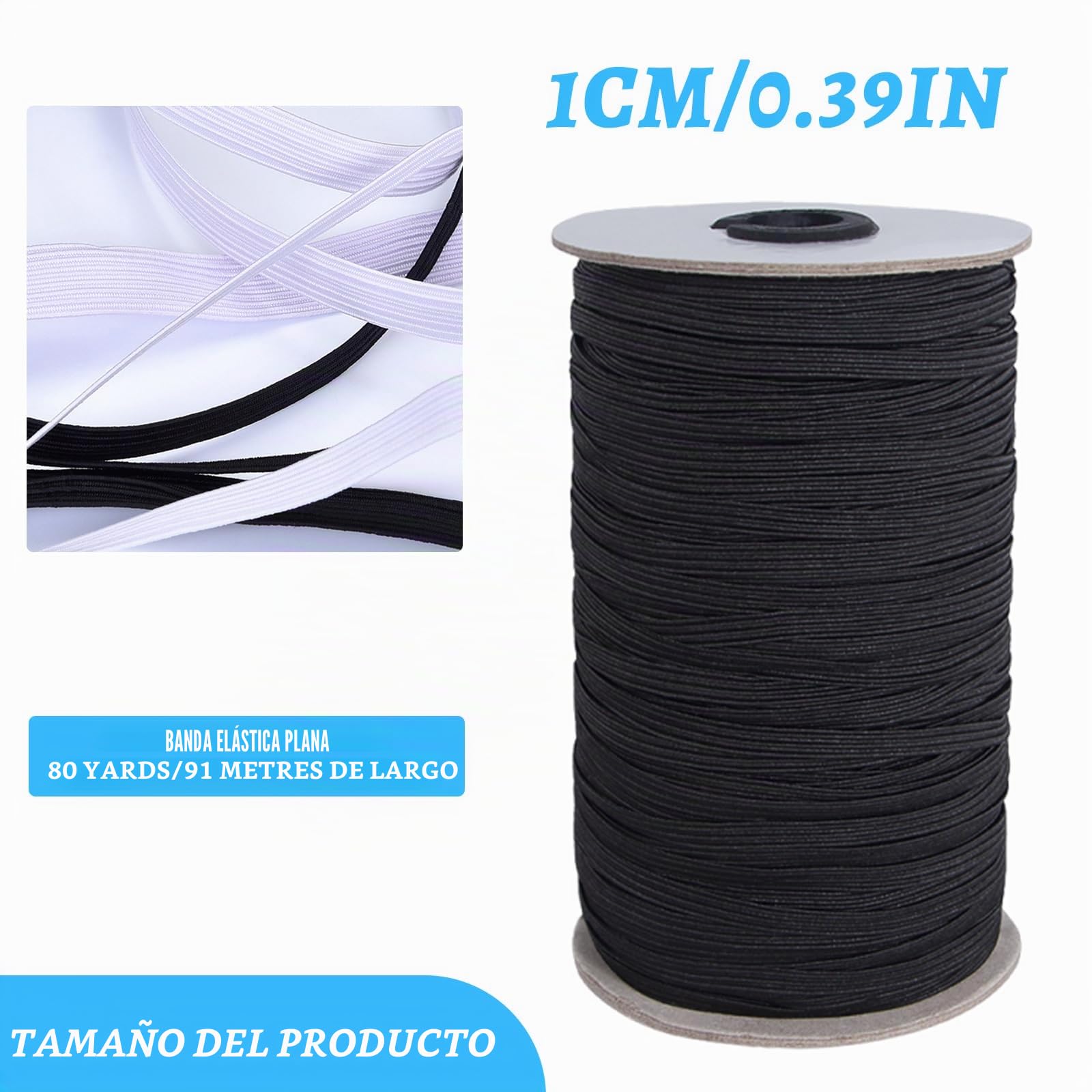 Cinta elástica de 10 mm x 73 m, para costura, color negro, 1 cm, poliéster, goma, cinta elástica para coser y para el hogar, manualidades