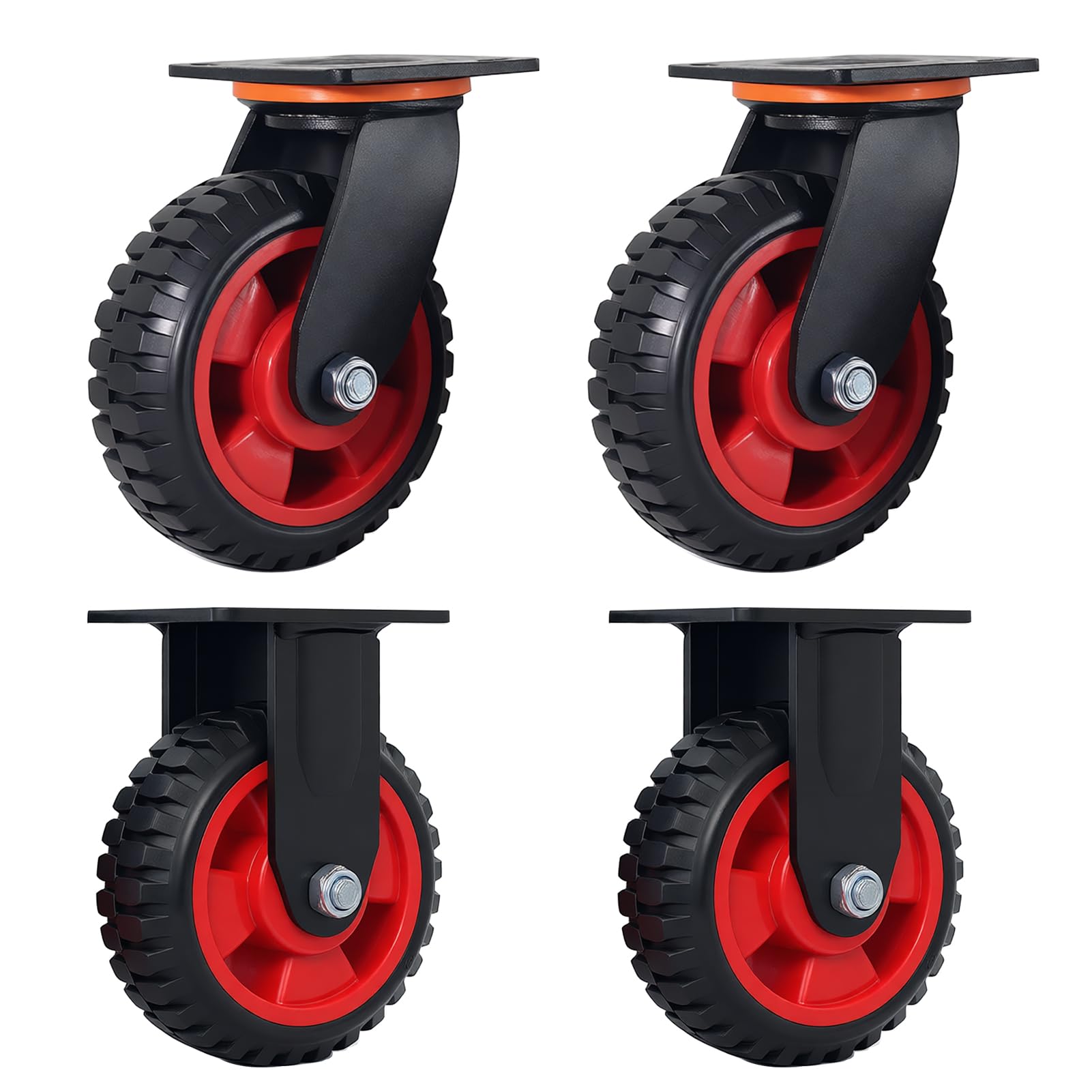 Nfbcxutkw 5 6" Inch Heavy Duty Caster Wheels Large Solid Rubber Knobby Tread Offroad All Terrain Industrial 2 Swivel & 2 Fixed Plate Casters For Workbench, Dolly, Chic-Ken Coop, Cart, Trolley, Wagon, Set Of 4