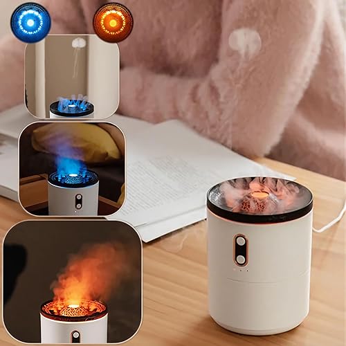 Humidificador, humidificador de aire de niebla fría de escritorio USB de 16.9 fl oz con luz nocturna, difusor de volcán, medusas y llama, 2 modos de