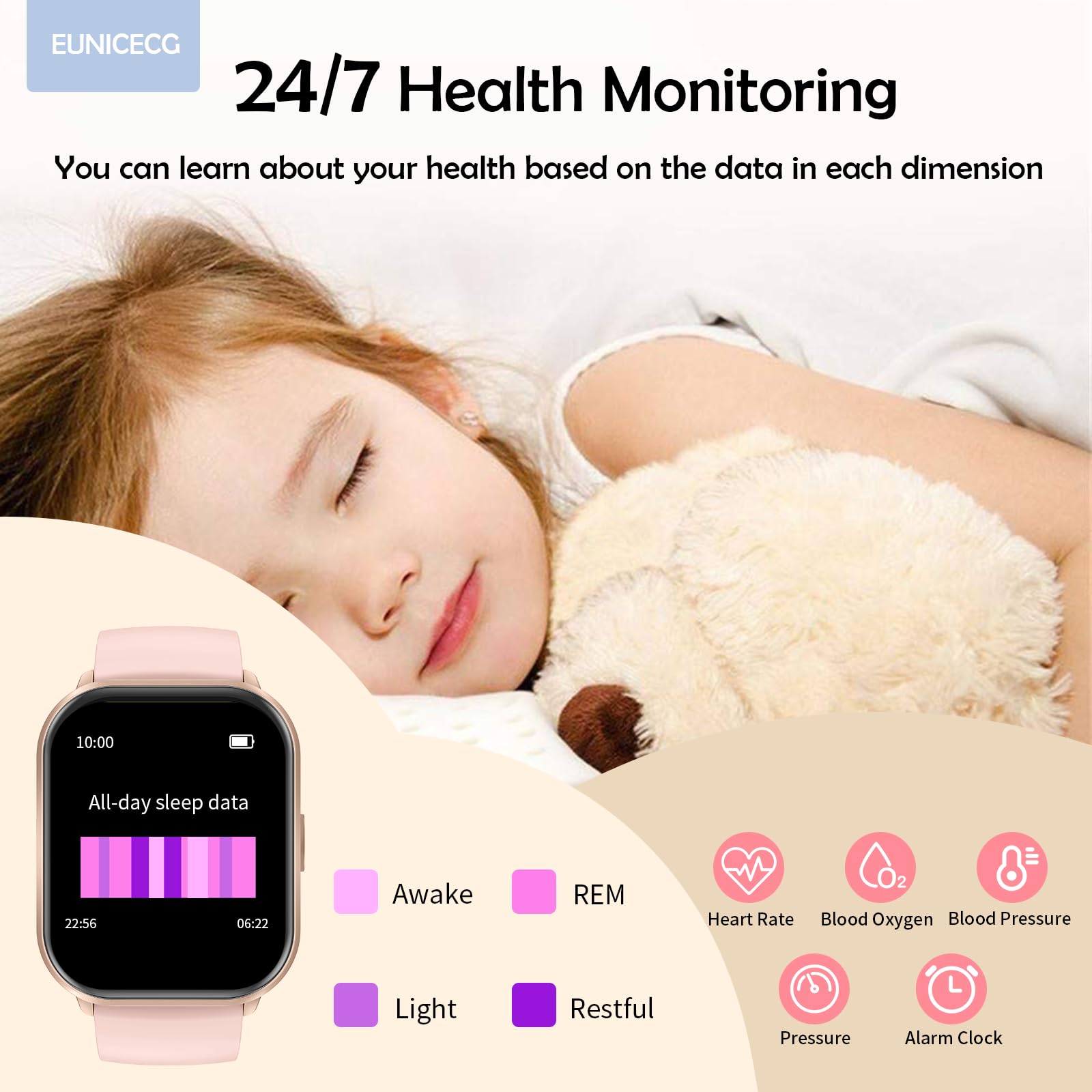 EUNICECG Smartwatch Bambini Fitness Tracker Pedometro Contapassi Bambino Sleep 100+ Modalità Sportive Giochi Sveglia Calcolatrice Cardiofrequenzimetro Gioco Regalo Orologio Bambina Ragazza Bambino
