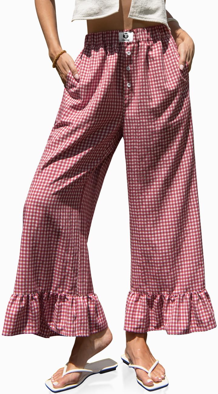 TARSE Women’s Plaid Wide Leg Pants Flared Leg Baggy Drawstring Ruffle Palazzo Pants with Pockets