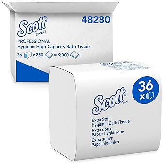Scott Hygienic High-Capacity Folded Bath Tissue, Bulk 48280, 2-Ply, White, Single-Pull, 250 Sheets/Pack, 36 Packs/Case, 9000 Sheets/Case