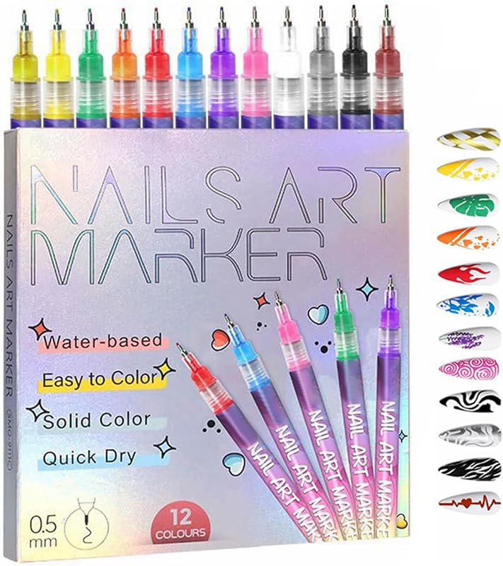 2026 NEW 12 Colors Nail Art Marker Pens Set, Nail Markers for Nail Art, Suitable for Nail Art, Nail Painting, And Artistic Decorations; Suitable for Everyone. (12 Colors)