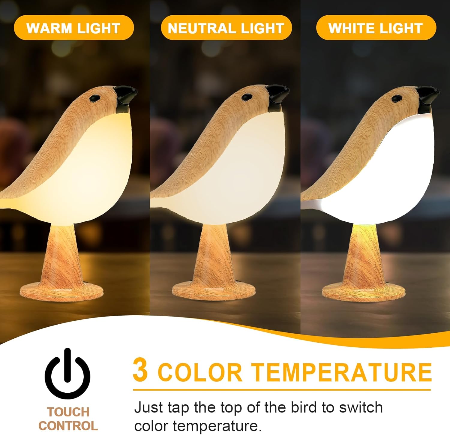Deogos 2Pack Cute Bird Table Lamp, Touch Control/Dimmable Brightness/3 Color Temperature/Cordless Desk Lamp Bedside Lamps for Nightstand, Bedroom, Small Space, Decoration