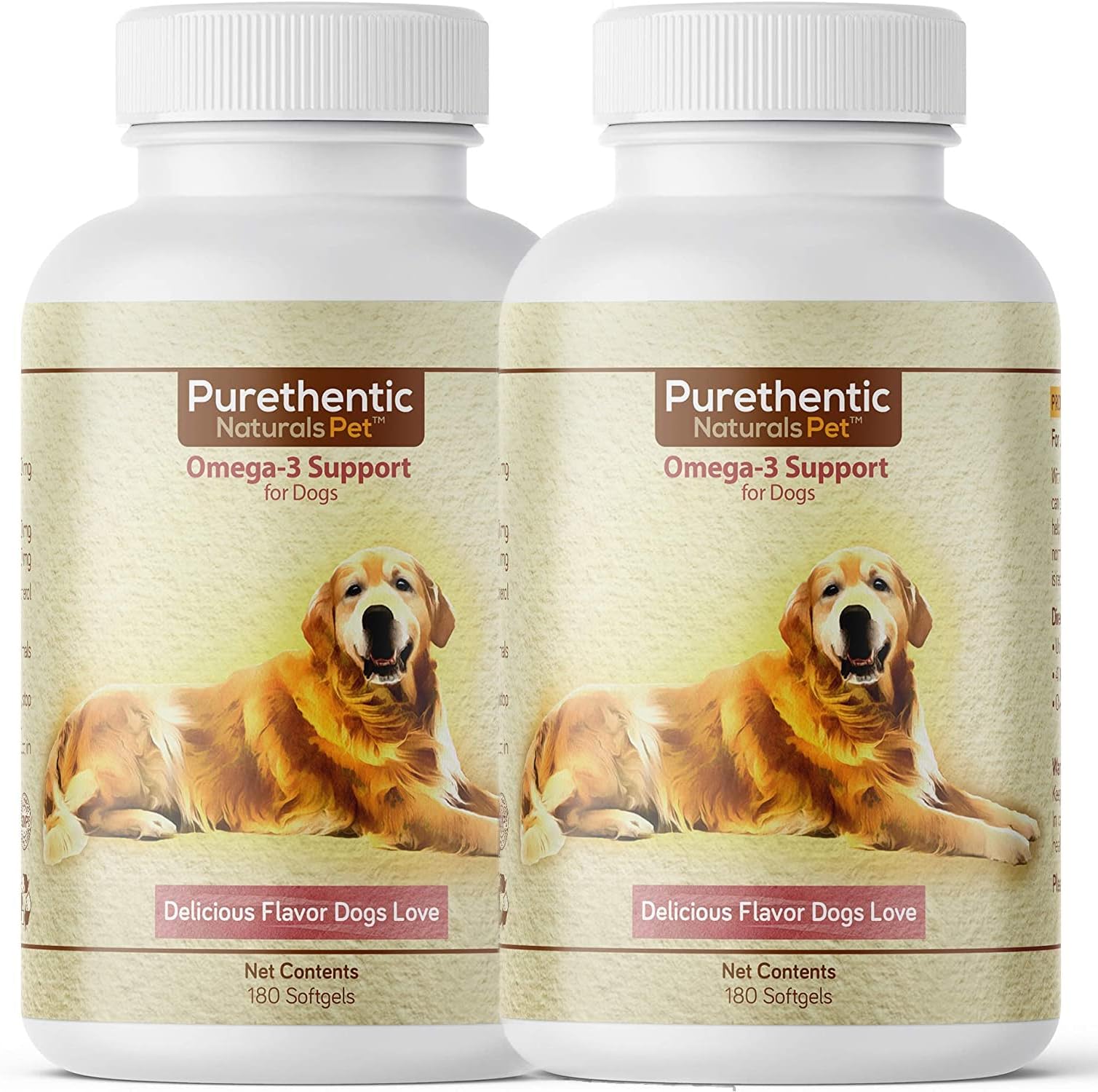Purethentic Naturals Omega 3 for Dogs, Fish Oil for Dogs 180 Softgels Pure & Natural Fatty Acids. (High EPA and DHA) (Helps Dog Allergies & Brain Function) Made in USA (2 Bottles - Save 10%)