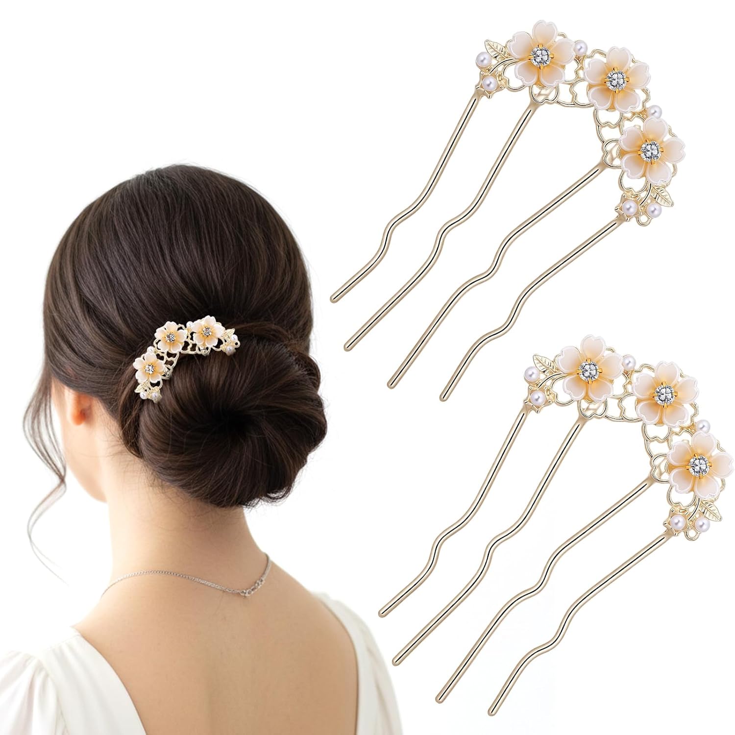 Ymapinc Gold French Hair Pin for Women, 2pcs Pearl Flower Twist Hair Bun Clip, Vintage Floral Bun Clip, Decorative 4 Prong Twist Hairpins for Wedding/Party, Accessories for Bride/Girl/Ladie