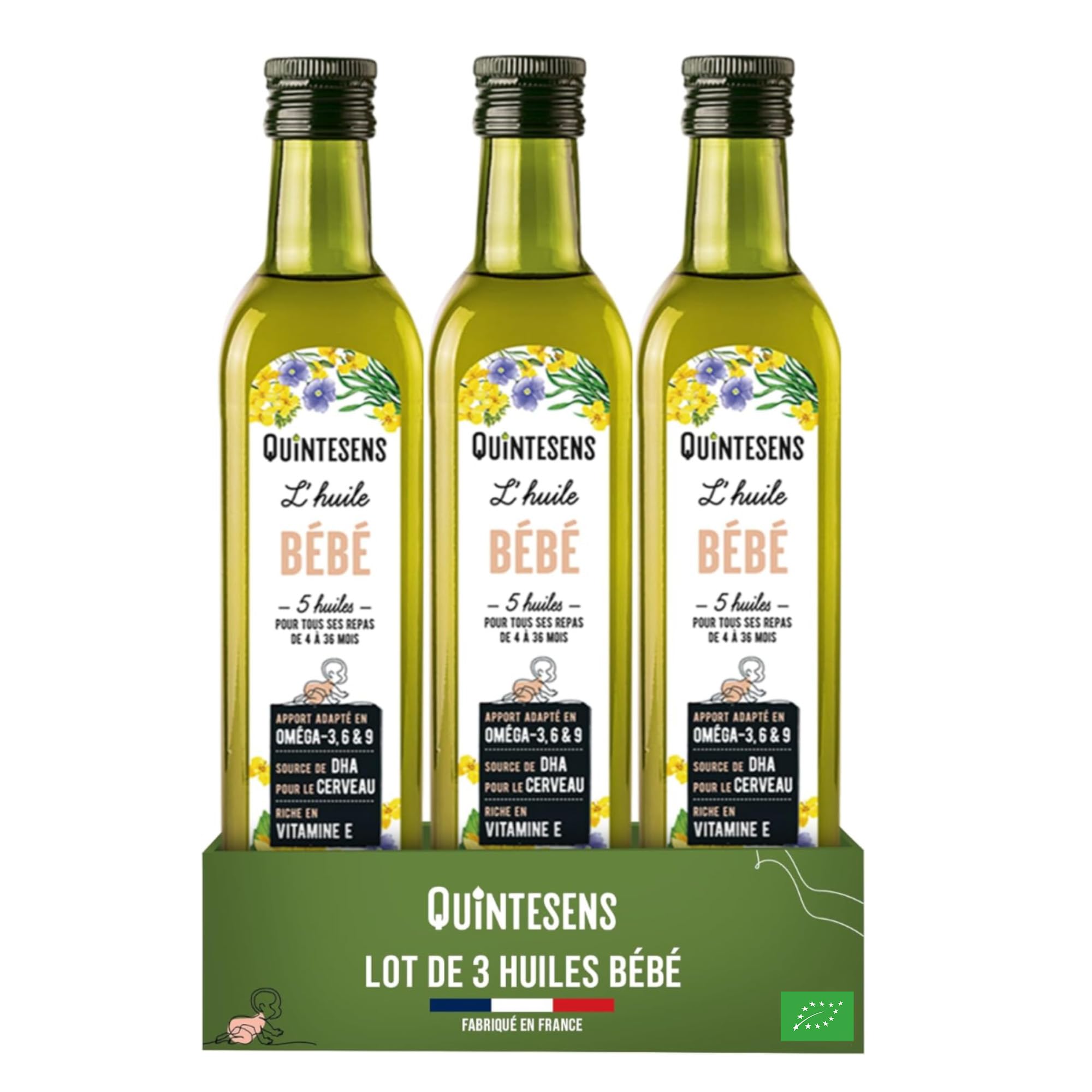 Lot 3 Huiles Bébé QUINTESENS 250 ml - Développement cérébral et Protection cellulaire - Apports en DHA, Oméga 3, 6 & 9 et Vitamine E - Production 100% Française - 4-36 Mois