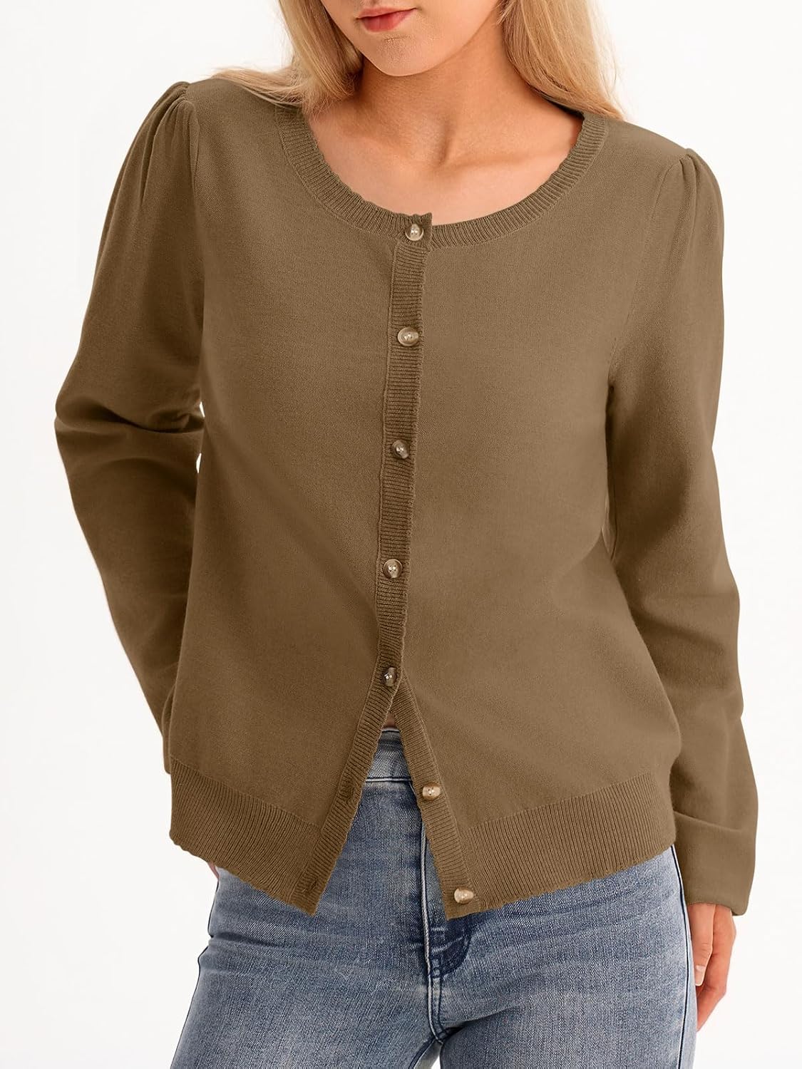 Saodimallsu Womens Puff Long Sleeve Cardigan Sweaters Fall Button Down Lightweight Knit Crew Neck Sweater Shirts - Image 3