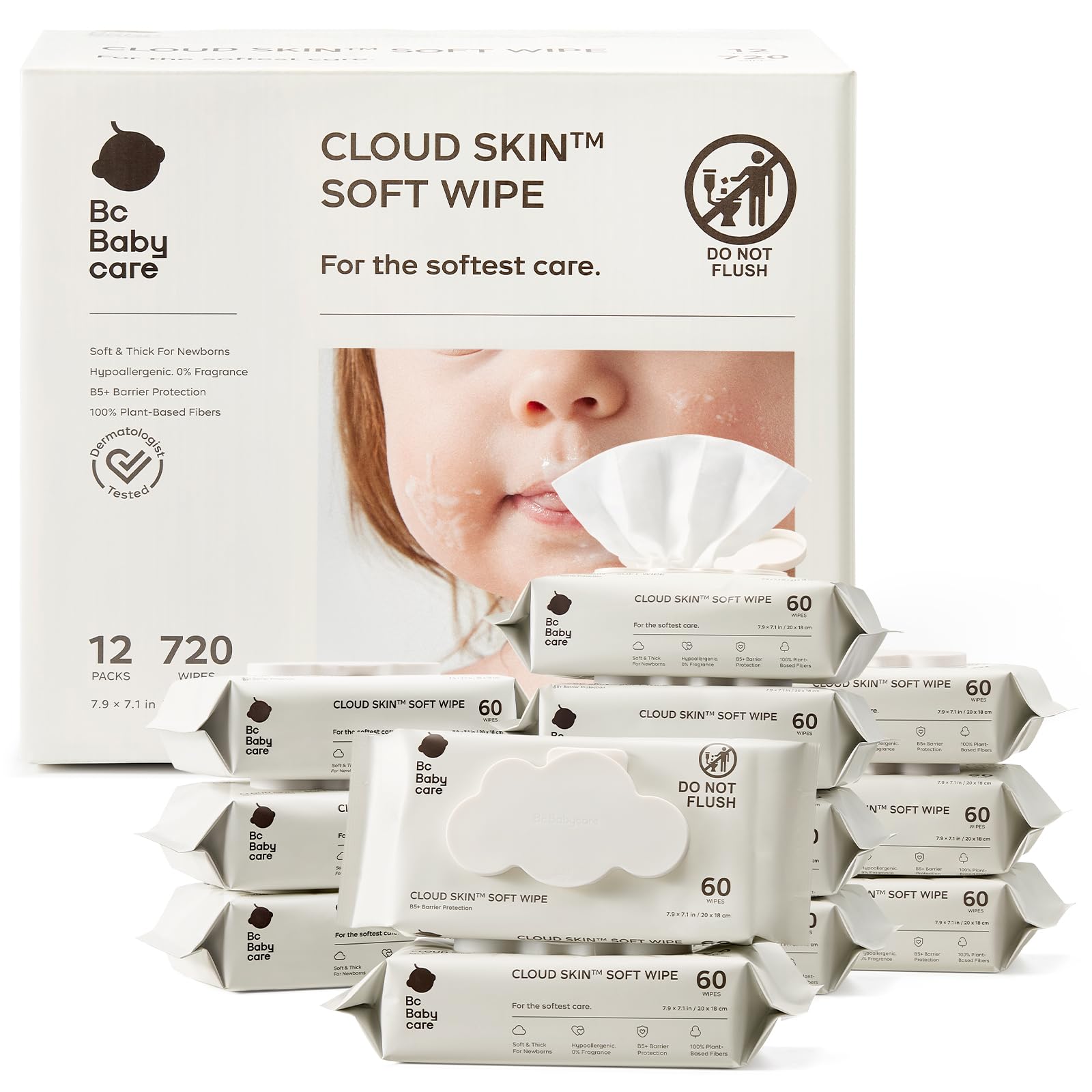 Bc Babycare Cloud Skin Salviette morbide per pelli sensibili, ultra fini, morbide B5, idratanti e cura delle barriere, 99% acqua pura, 100% a base vegetale, ipoallergeniche, non profumate essenziali