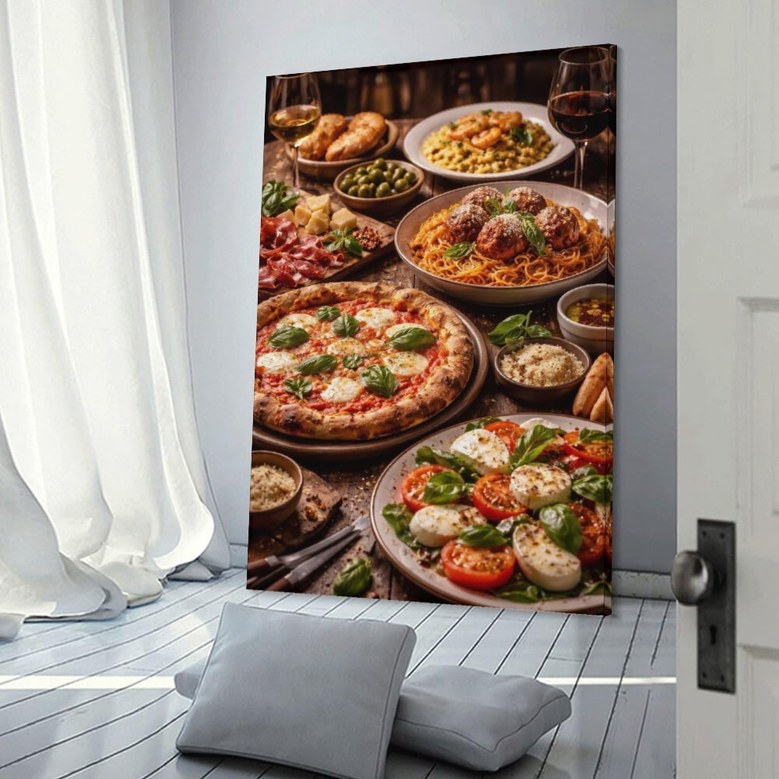 Junmoney Frame-Style-16 Italian Feast With Pizza And Pasta Room Decor Wall Art 20X30inch(50X75cm), For Entrance Walls, Hall Decor Or Foyers, A Neat Decor Update For Hallways
