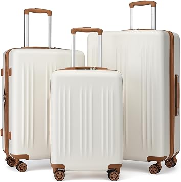 Kono 3 Piece Expandable Luggage Set with Spinner Wheels Hardshell, Cream