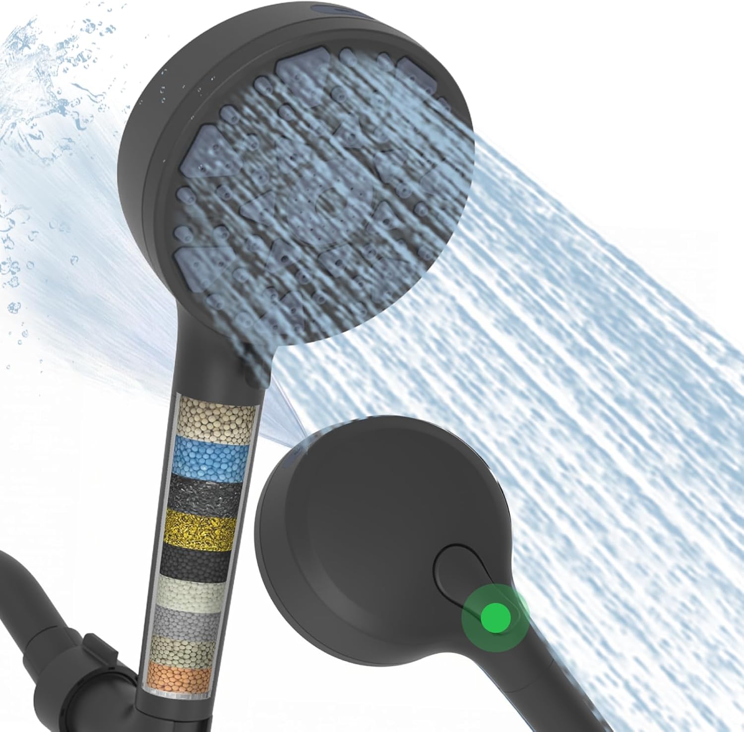 Black High Pressure Handheld Filtered Shower Head, 7 Spray Settings with Water Saving Pause Mode, for Hard Water Remove Chlorine Relieve Dry Skin, Universal Replaceable Filter