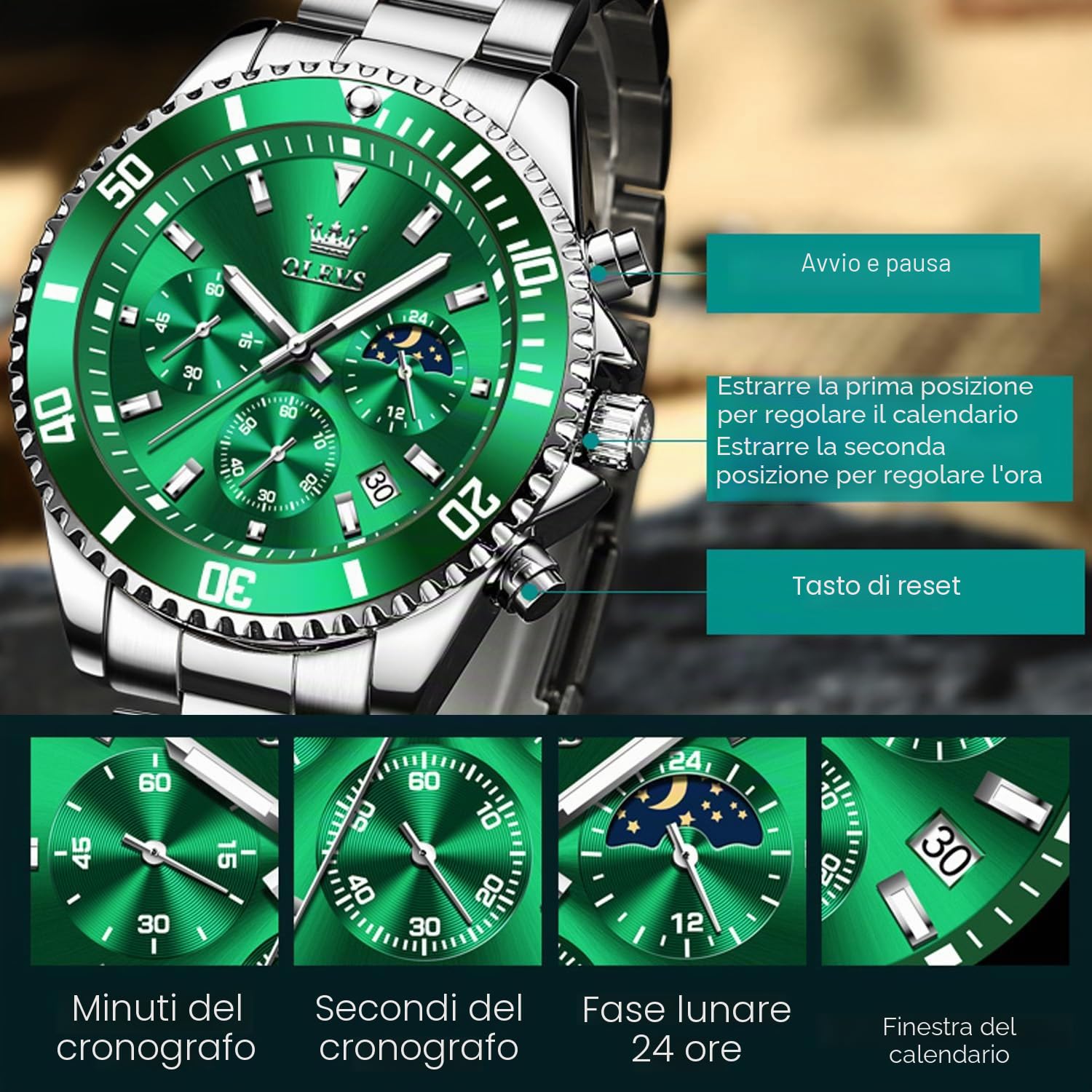 OLEVS Orologio da uomo con grande quadrante e data, impermeabile, meccanico, in acciaio inossidabile, completamente automatico
