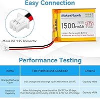 Vista 3 de Batería Lipo de 3.7 V 1500 mAh 604050 Batería recargable de polímero de litio con conector micro JST 1.25 Circuito de protección integrado