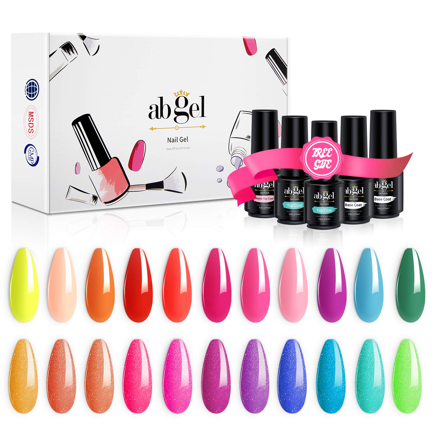 ab gel Glitter Gel Nail Polish, 22 Shades Neon Nail Polish,Green Purple Red Neon Gel Nail Polish Kit with Base Coat and Top Coat Nail Polish