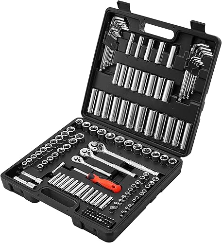 Miniatura 31 de VEVOR Juego de herramientas mecánicas, llaves profundas y estándar de 1/4 de pulgada, 3/8 pulgadas y 1/2 pulgadas, SAE/Métrica, 205 piezas