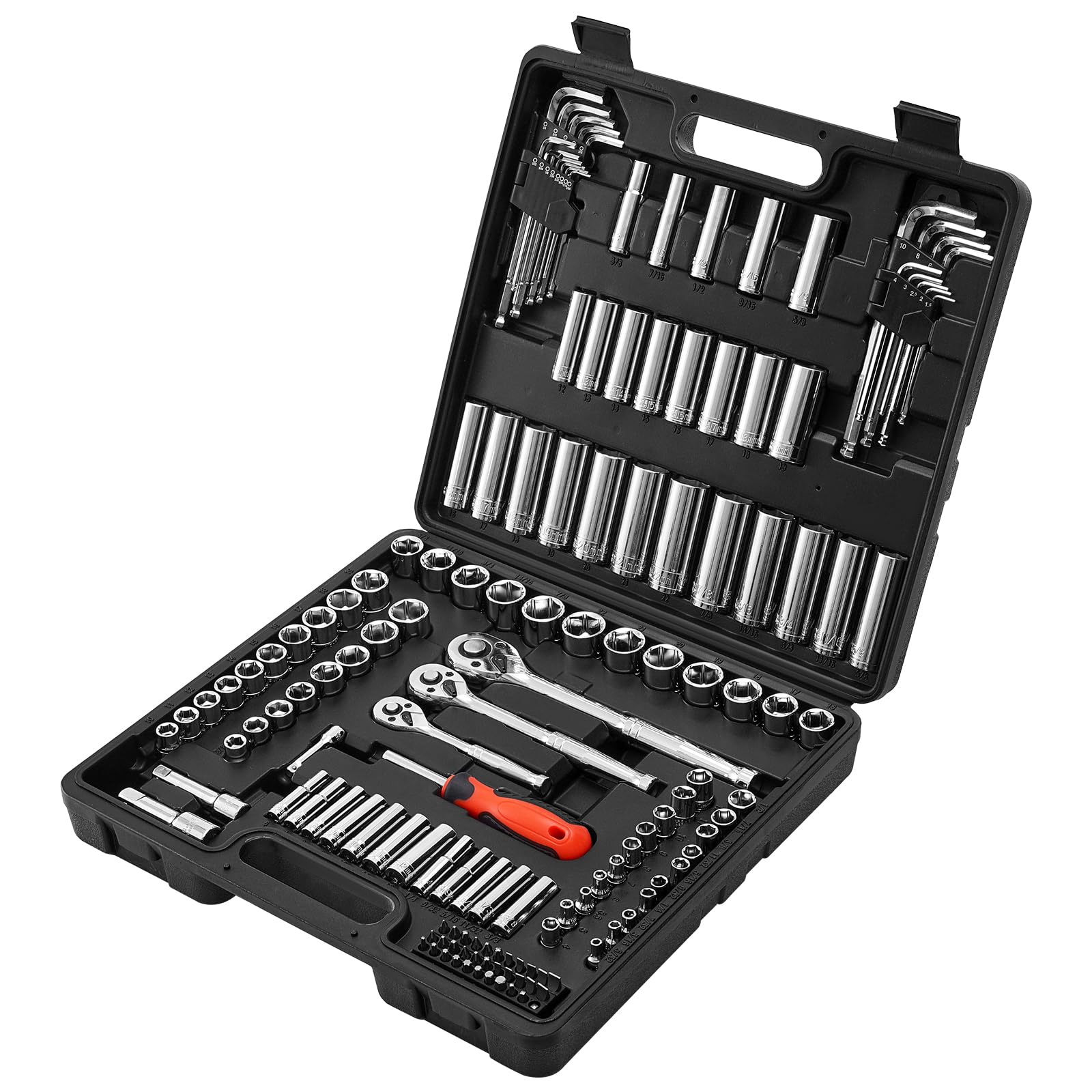 VEVOR Zestaw nasadek, 149 sztuk, 9,5 i 6,4 i 12,7 mm, zestaw nasadek i grzechotki, SAE i metryczne, głębokie i płytkie, zestaw narzędzi mechanicznych z bitami, akcesoria, walizka do przechowywania
