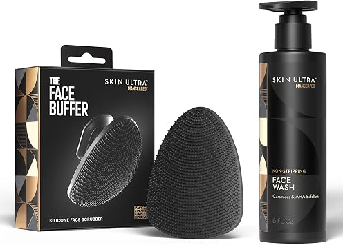 MANSCAPED Face Buffer & Skin UltraTM Face Wash Mens Silicone Facial Scrubber & Exfoliating Facial Cleanser with Ceramides & AHA Complex for Deep Cleansing, Hydrated, Smooth Skin