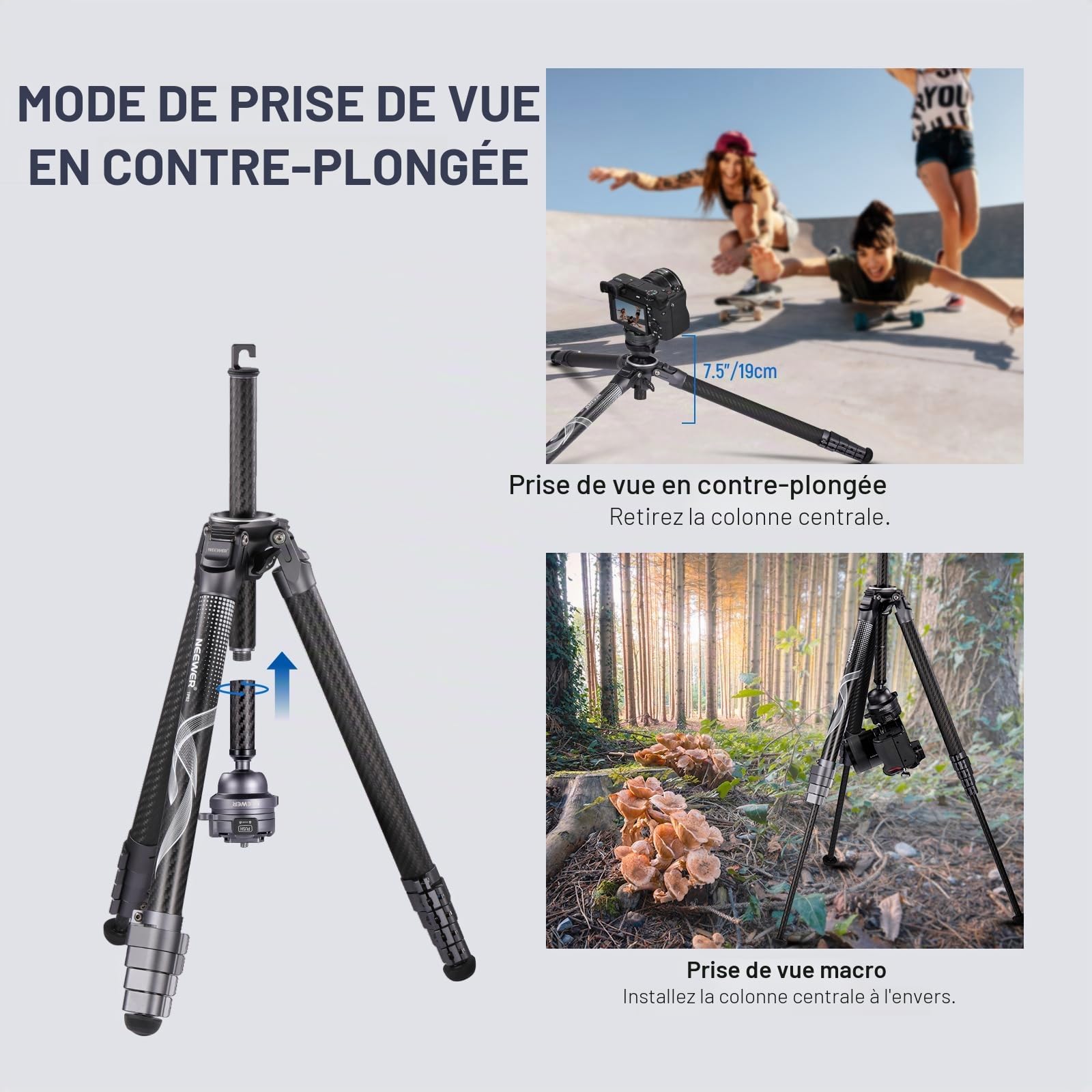 NEEWER LITETRIP LT32 Trépied de Voyage en Fibre de Carbone avec tête panoramique à 360° nivellement ± 15 °, axe Central Amovible, Boucle à Rabat Rapide, Plaque QR Arca Compatible avec Peak Design