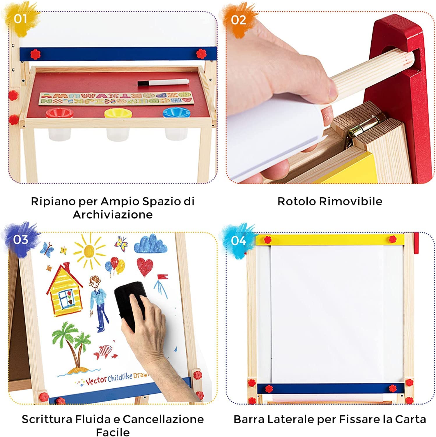 RELAX4LIFE Cavalletto in Legno per Bambini Regolabile in Altezza a 3 Livelli, con Doppia Pittura Laterale, Lavagna per Dipingere, Lavagna in Legno, 60x55x112,5-124,5 cm, Naturale