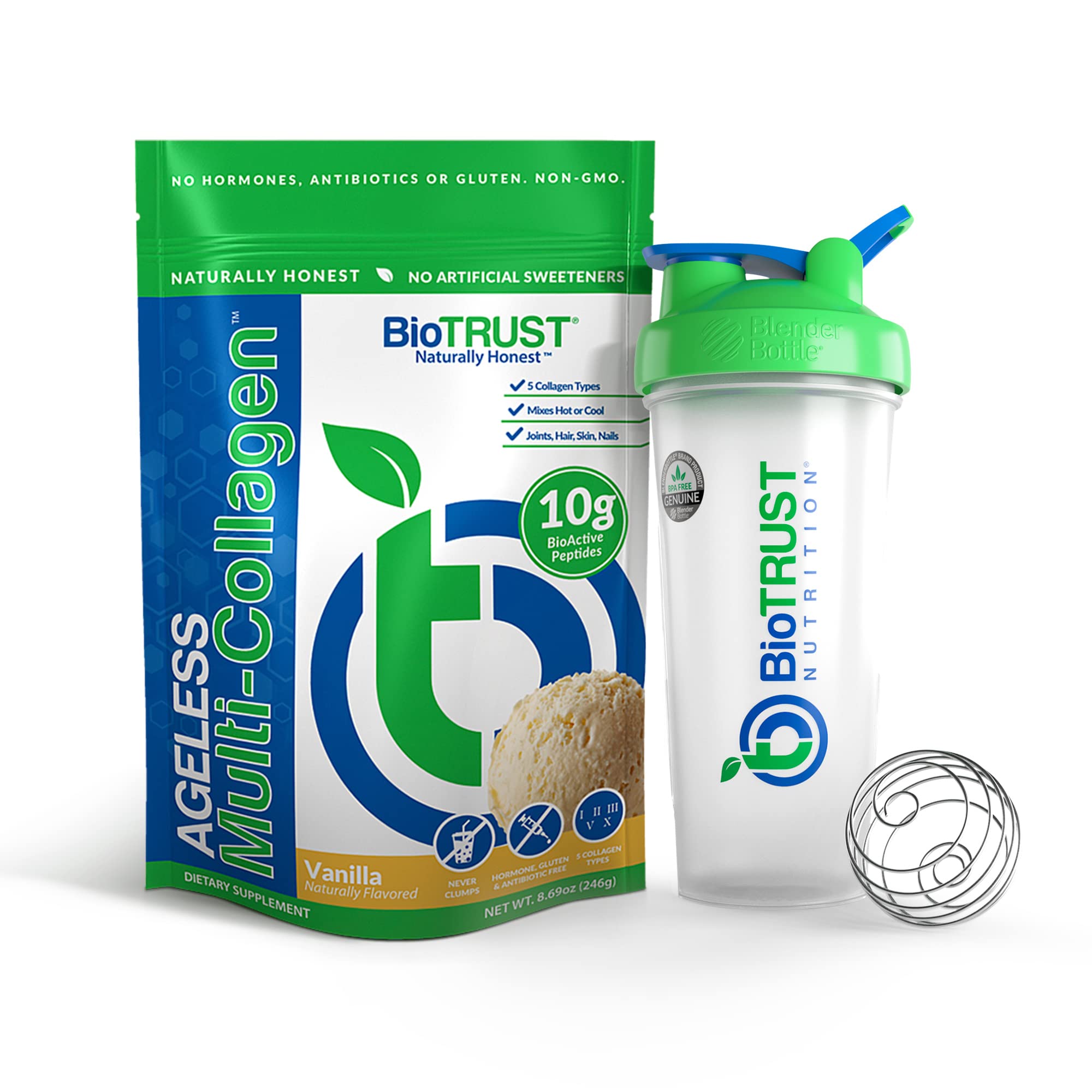BioTrustAgeless Multi Collagen 5-in-1 Protein Powder (Vanilla) BlenderBottle Bundle