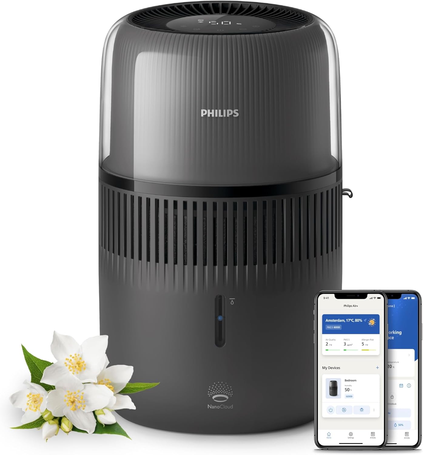 Product image of Philips 5000 Series Smart Verdunstungsbefeuchter für 45m², 12dB Ultra-leise, Schlafmodus, 99% weniger Bakterien mit NanoCloud, 300 ml/h, 4,5L Tank, Feuchtigkeitssensor, Timer, Schwarz (HU5600/03)