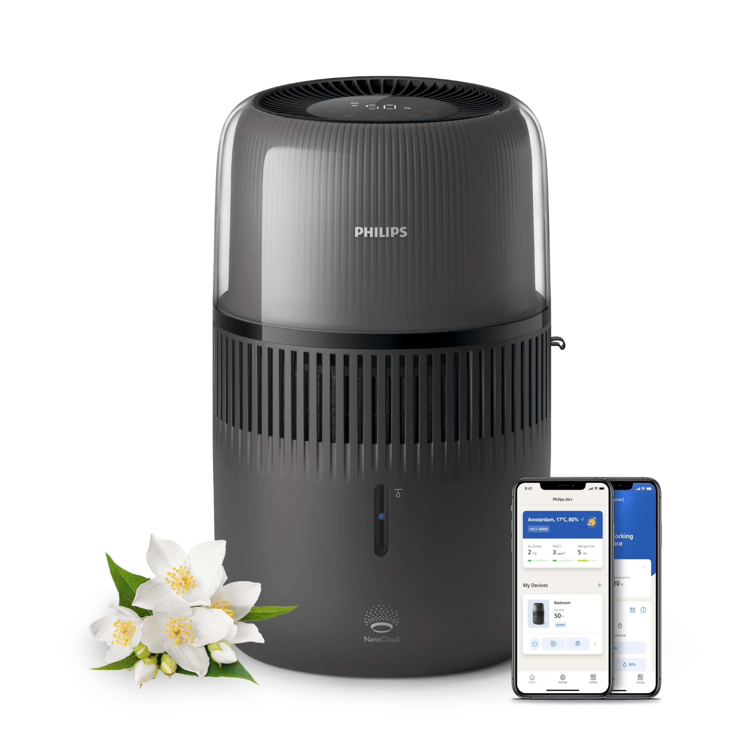 Philips 5000 Series Smart Verdunstungsbefeuchter 45m² 12dB leise NanoCloud 300 ml/h 4,5L Tank Schwarz HU5600/03